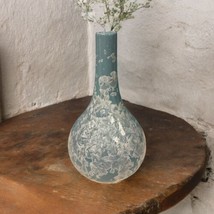 Studio Pottery 11” Vase Handmade in China Aqua Baby Blue Crazed Unique D... - $34.64