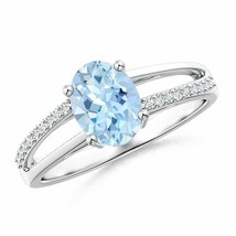 Authenticity Guarantee 
Oval Aquamarine Split Shank Ring with Diamond Accents... - £590.65 GBP