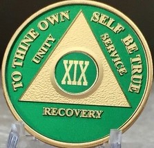 19 Year AA Medallion Green Gold Plated Alcoholics Anonymous Sobriety Chi... - $20.39