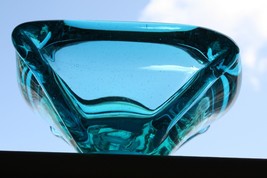 Vintage Murano Hand Blown in Italy Aquamarine Blue Glass Bowl Heavy Ashtray  9&quot; - £36.94 GBP