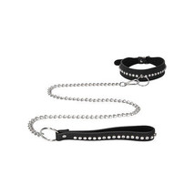 Ouch! Diamond Studded Faux Leather Collar With Leash Black - $47.99