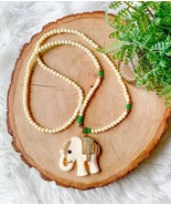 Lucky Elephant Pendant Rhinestone Necklace Resin Cream Jade Green Gold A... - $362.05 MXN