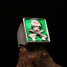 Excellent Hitman Ring green Jolly Roger Skull crossed Auto Guns Sterling Silver - £68.15 GBP