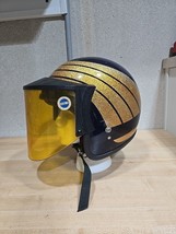 Vintage 70s Monarch Motorcycle Helmet  Blue Gold Flake Glitter w/ Visor L? Foam* - $116.53