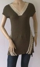 Indigo Thread Co. Lace V-Neck Trim Taupe Cap Sleeve Knit Top (Size M) - £11.95 GBP