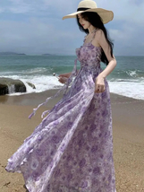 French Vintage Purple Print Long Dresses for Women 2023 Summer Sexy Backless Sle - £68.65 GBP+