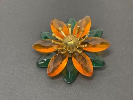 Vintage Plastic Sewing Button Amber &amp; Green Petals Metal Detail Shank Ba... - $12.89