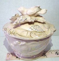 Vintage Pink and Gold Bird adorned Lid Ceramic Dresser Vanity Bowl Marked B-1111 - £19.74 GBP