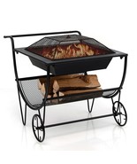 Portable Outdoor Wheeled Log Storage Rack and Wood Burning Fire Pit - $327.20 CAD