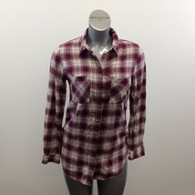 Garage Tunic Fit Button Up Shirt Women&#39;s Size Small Burgundy Beige Plaid   - £7.39 GBP