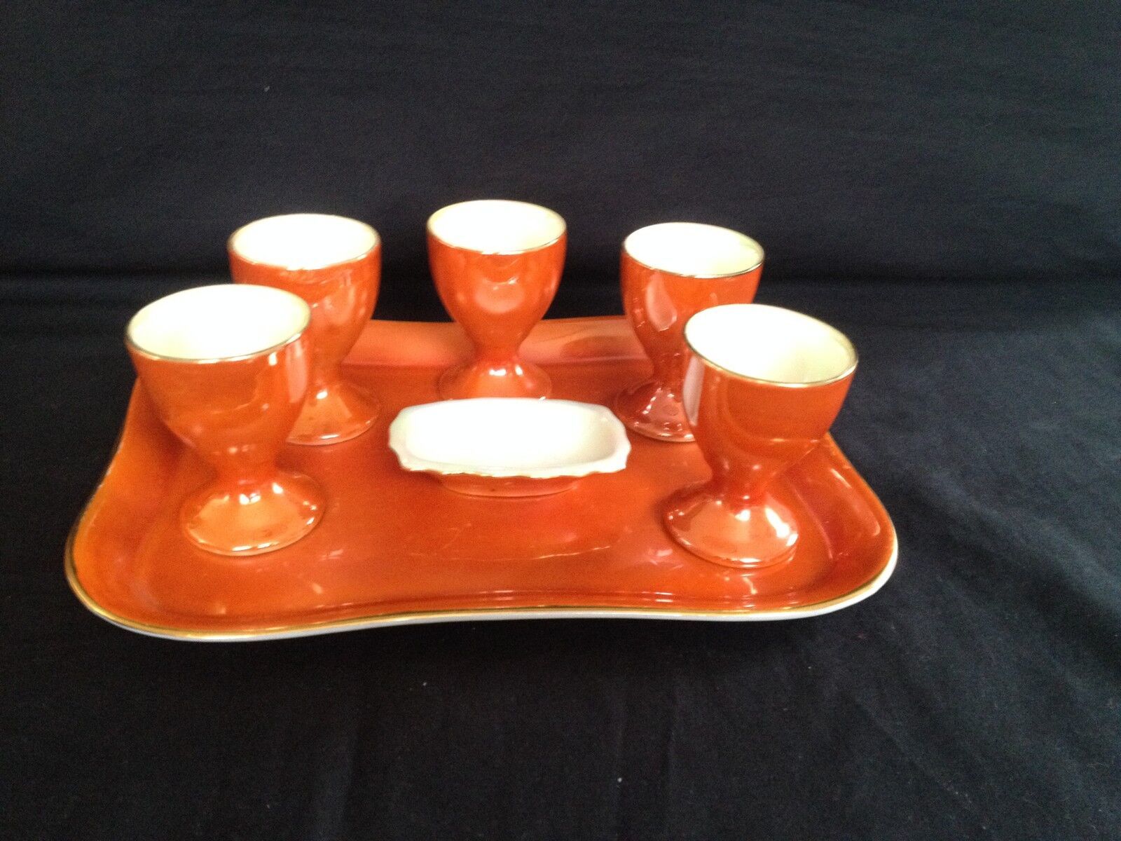 Primary image for Antique Mother of pearl Egg Cups + Salt. Set with Tray