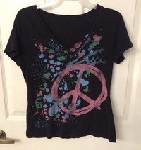 Peace Sign Black T Shirt Girls Size Large - £6.86 GBP