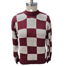 Vtg 90s Y2K Maroon/White Checker Board Knit Sweater Ribbed Knit Trim Mens M - $43.56