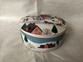 Mikasa trinket candy box with lid Christmas Holiday Village porcelain round - £11.60 GBP