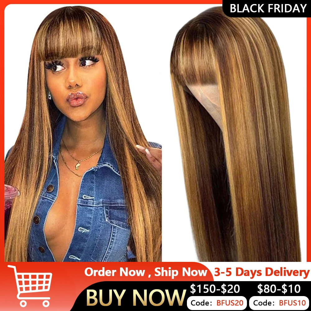 Ombre Straight Human Hair Wig Peruvian Honey Blonde Highlight Straight Wig With - £69.52 GBP+
