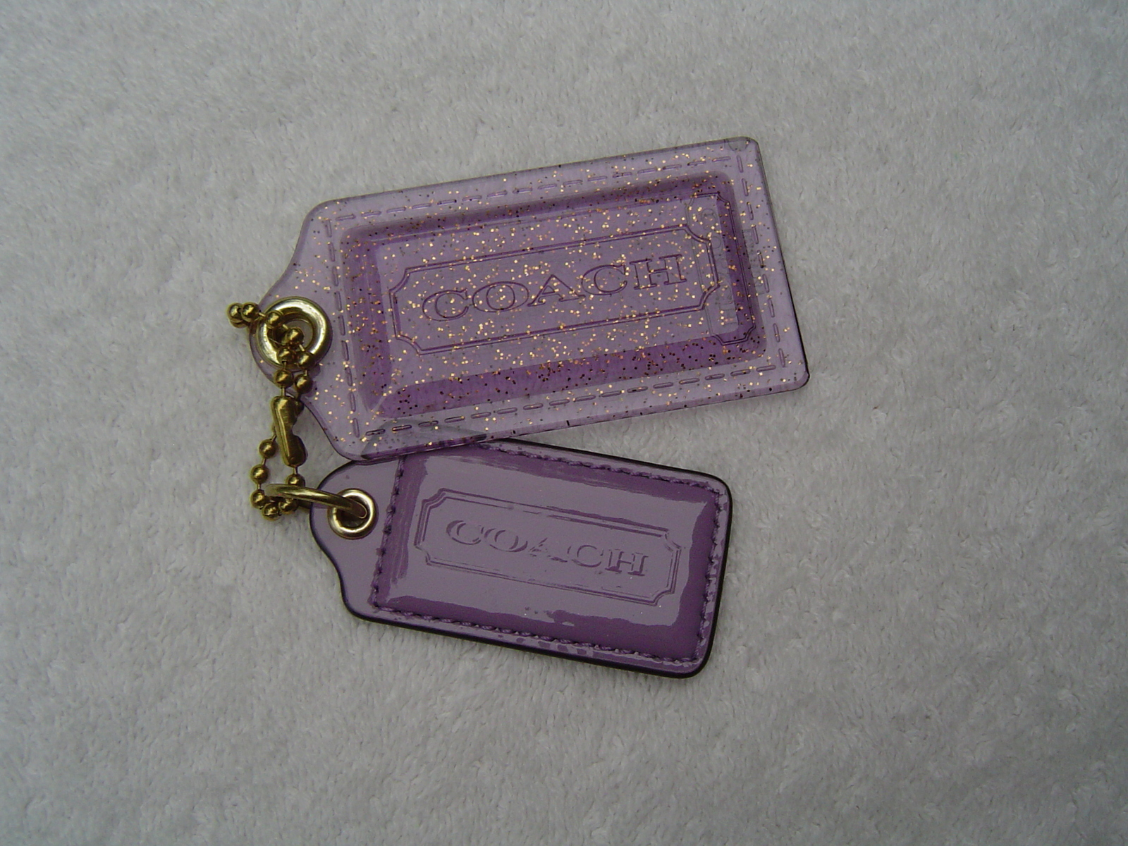 Primary image for AUTHENTIC COACH XL PURPLE  WITH SPARKLES PLASTIC+PATENT LEATHER HANG TAG  EUC