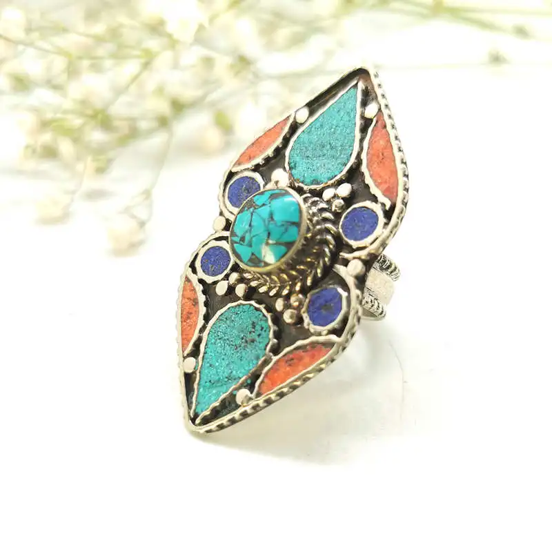 Tibetan Big Rings for Man White Metal Copper Inlaid Colorful Stone Ring R242 - £27.04 GBP