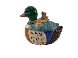 1980&#39;s CSC Japan Ceramic Mallard Duck with Bow Brown Waffle Cookie Jar Green  - £15.88 GBP
