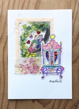 Red Glitter Heart Stowed Cabinet Illustrated and Fabric Collage Greeting Card - £11.15 GBP