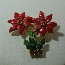 Vintage Red/Green Enamel Metal Rhinestone Poinsettia Flower Brooch/Pin - £13.32 GBP