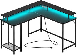 Superjare L-Shaped Computer Desk With Led Strips, Power Outlets, And A - $155.92