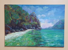 Original painting, acrylic paint on canvas, dimension landscape of mountain sea - £342.49 GBP