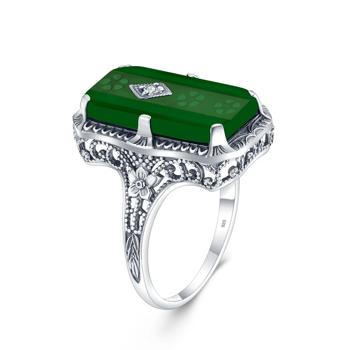 Top Jewelry Original 925 Sterling Silver Rings For Women Rectangle Flower Green  - £40.84 GBP