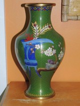 Vintage Cloisonne 10&quot; Vase Brass or Copper Green Floral Enamel Stone Ant... - $60.02 CAD