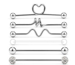 Stainless Steel Heart Industrial Piercing Set Arrow Industrial Barbell Lot Cryst - £15.07 GBP