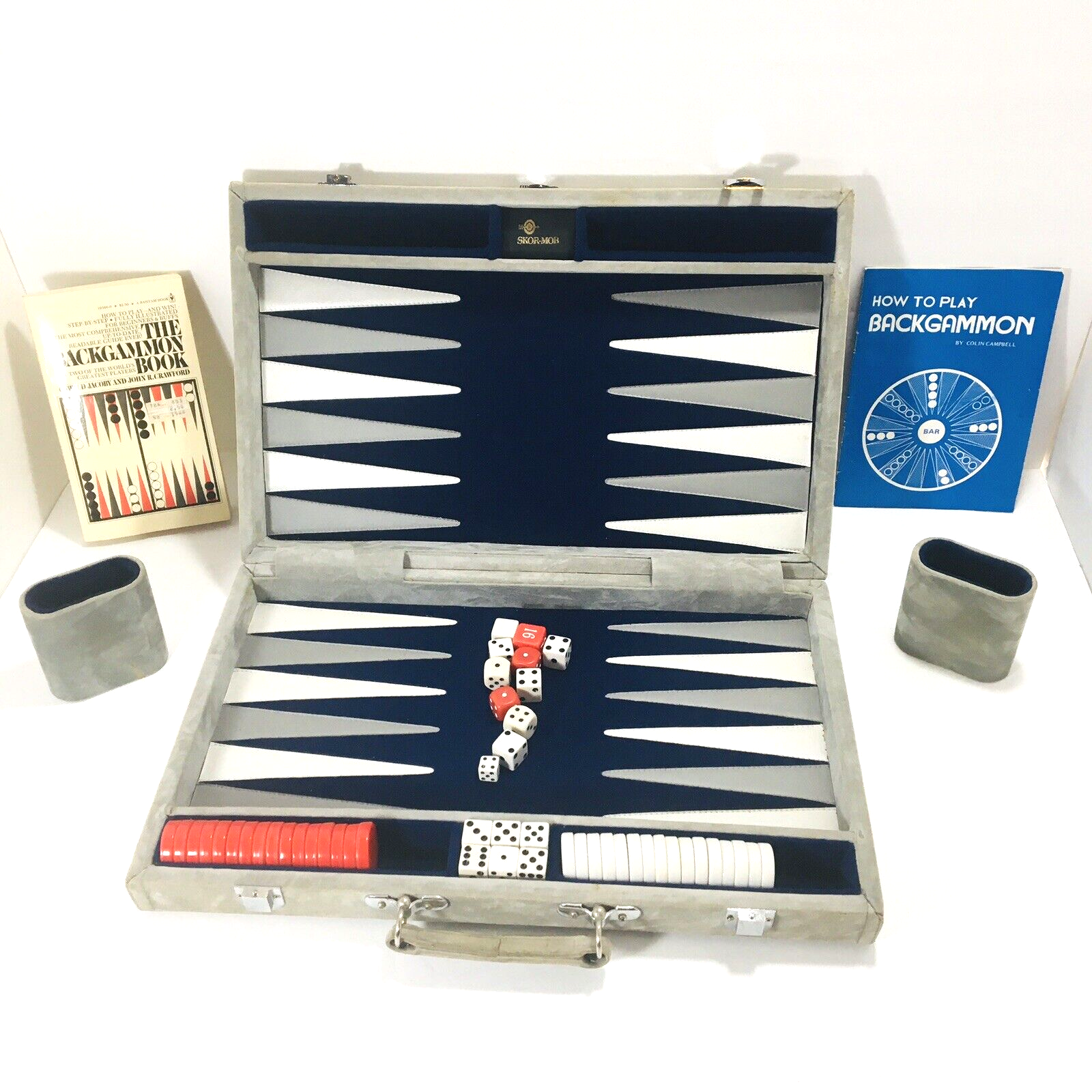 Vtg Skor-Mor Backgammon Set White blue & Grey Leather Briefcase W/Book & Manual - £34.08 GBP