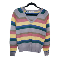 Izod Lacoste 40(Lg) Multicolor Stripe V-neck Sweater Preppy Rainbow Vintage  - £30.85 GBP