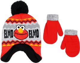 Elmo Sesame Street Fleece-Lined Peruvian Beanie Hat &amp; Mittens Set w/ Pom-Pom - £12.65 GBP