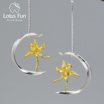 Elegant Iris Flower and Leaf Dangle Earrings Real 925 Sterling Silver Gold Earri - £40.23 GBP