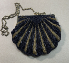 Vintage Gold and Black Beaded Seashell Design Evening Bag 6 inch - £15.76 GBP