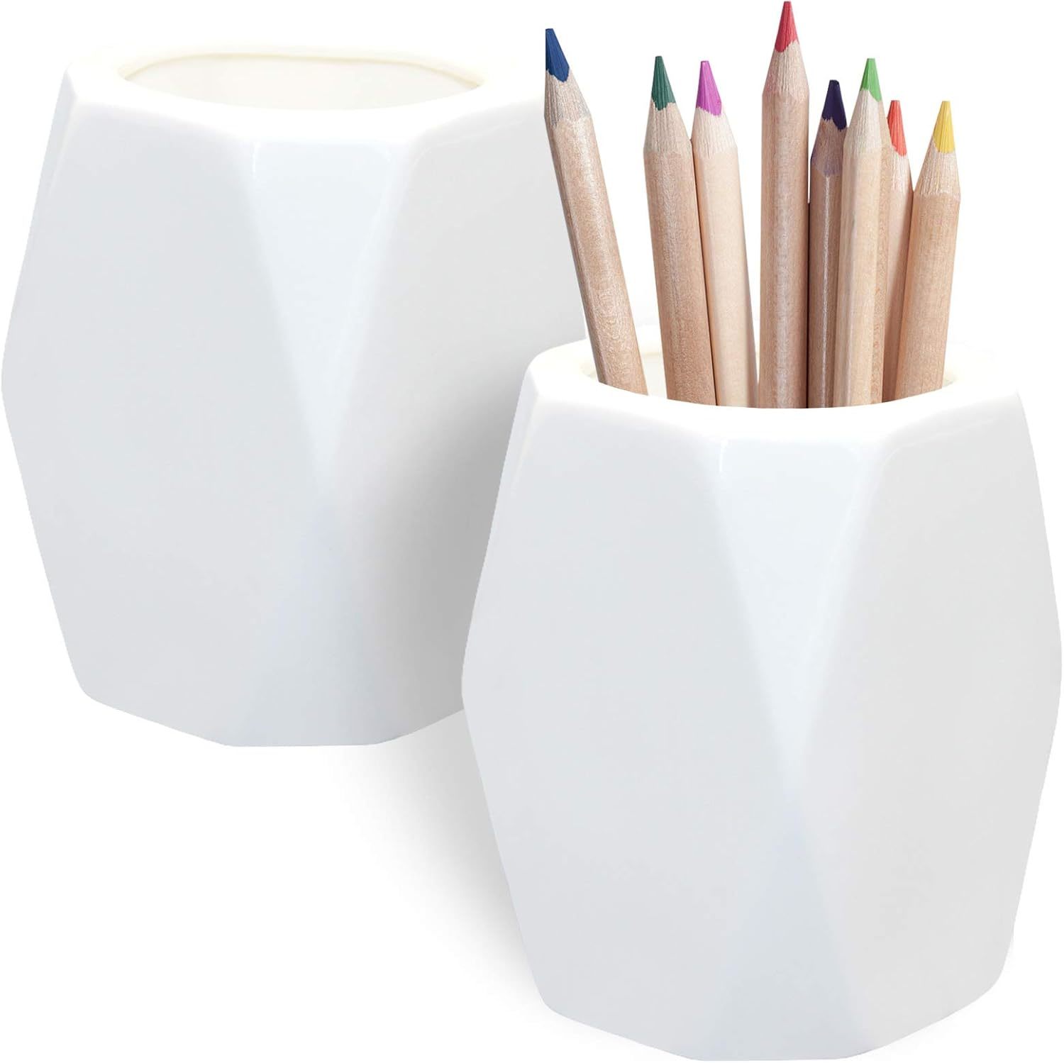 2 Pack Ceramic Pencil Holder,White Geometric Pen Cup Makeup Brush Holder... - $16.52