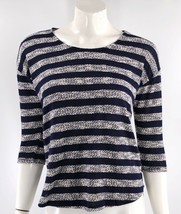 Absolutely Famous Sweater Size Small Gray Navy Blue Striped Side Slit Boatneck - £7.56 GBP