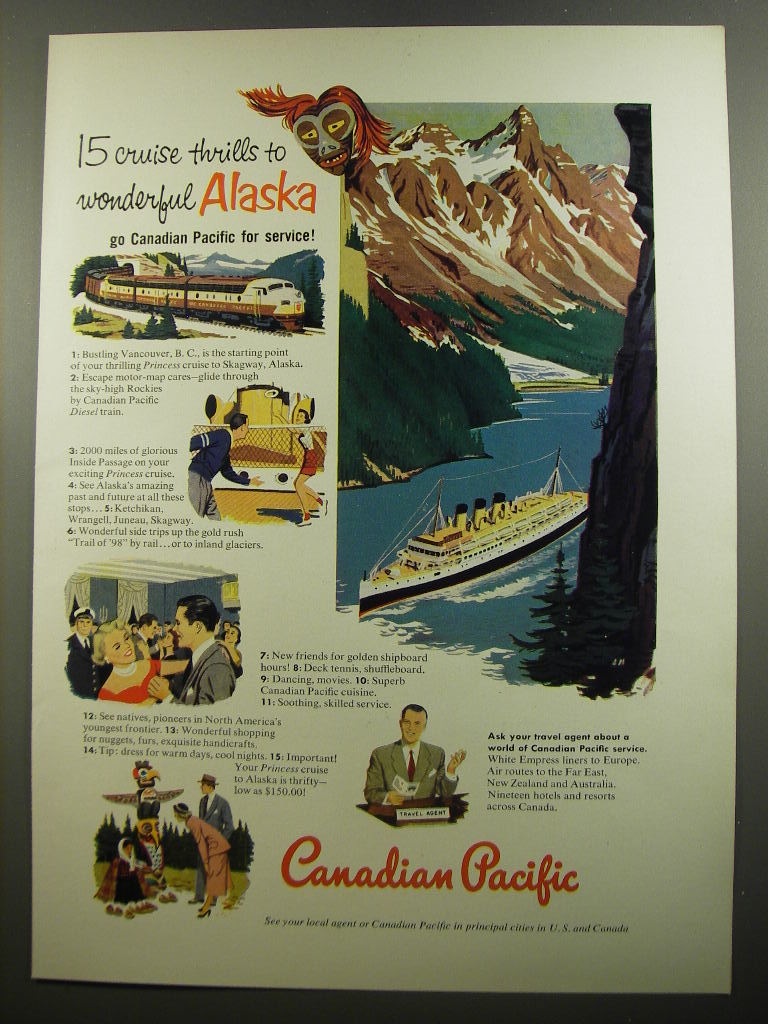 Primary image for 1952 Canadian Pacific Cruise Ad - 15 cruise thrills to wonderful Alaska