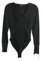 7 For All Mankind Black Long Sleeve Deep V Neck Striped Cotton Blend Bodysuit M - £23.65 GBP