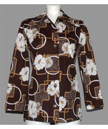 VTG Dark Brown White Flowers Geo Stripes Double Knit Button Shirt Blouse... - $54.32 CAD