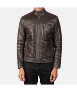 Men&#39;s Moto Style Youngster Brown Slim Fit Leather Biker Jacket - €43,29 EUR+