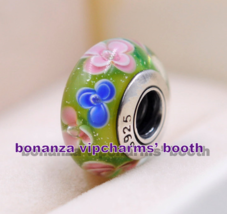 Sterling Silver Handmade Lampwork Green, Pink and Blue Flower Murano Glass Charm - £3.34 GBP