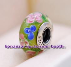 Sterling Silver Handmade Lampwork Green, Pink and Blue Flower Murano Glass Charm - £4.63 GBP