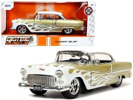1955 Chevrolet Bel Air White and Gold with Flames &quot;Bigtime Muscle&quot; Series - $47.95