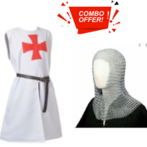 Combo Pack Chain mail Coif and Cotton Fabrics Templar Cross Tunic wear New - £76.95 GBP+