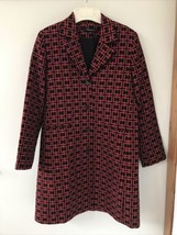 Fashionista Red Black Wool Greek Key Lock Patterned Long Overcoat Small 38&quot; - £62.90 GBP