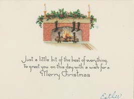 Vintage Christmas Card Fireplace Stockings Greenery Candles 1920&#39;s - £7.09 GBP