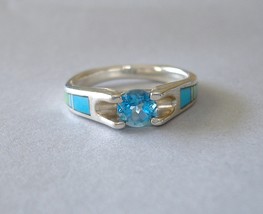 Blue Topaz Turquoise Inlay Ring Sterling Silver Band Handcrafted Native American - £176.94 GBP