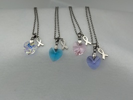 Crystal heart necklace, cancer awareness necklace, awareness ribbon necklace - £19.98 GBP