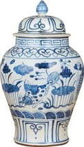 Temple Jar Vase Fish Lotus Flower Small White Blue Porcelain Handmade - £257.96 GBP