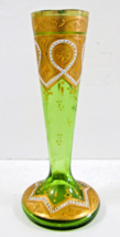 Antique Bohemian Moser-Style Green Glass Stick Vase Gold Gilding and Enamel - $246.51